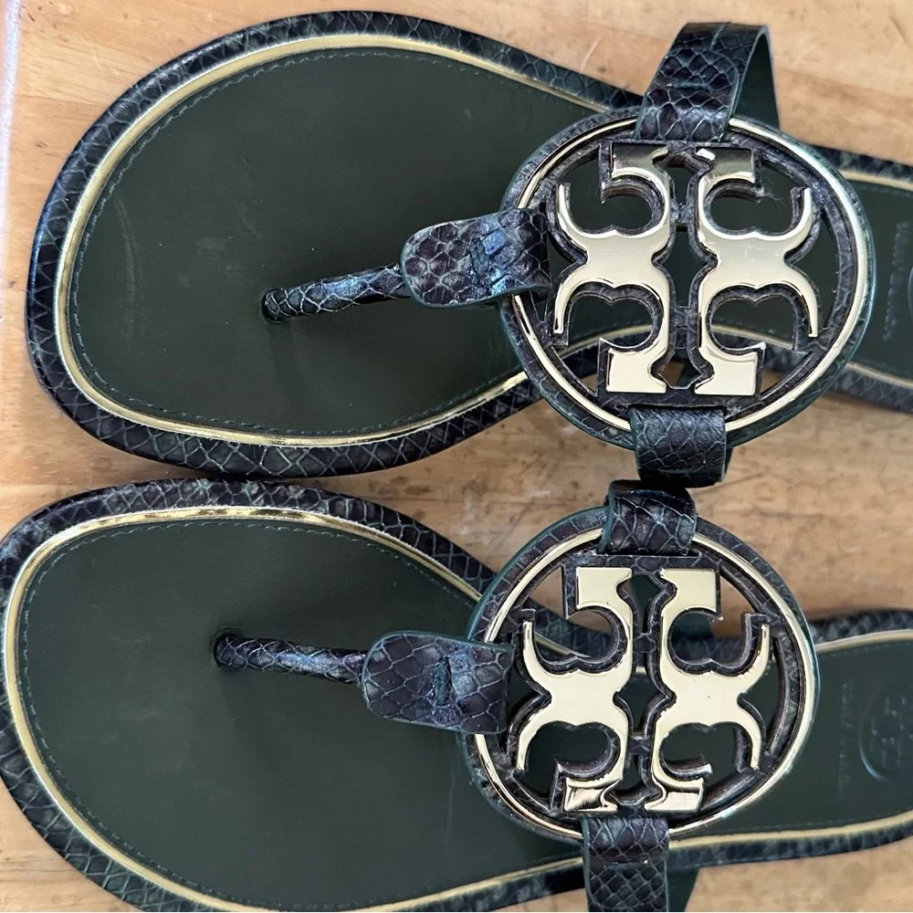 SOLD Tory Burch Miller Sandals Olive Green/Black Snakeskin Size 7.5 - Picture 1 of 9